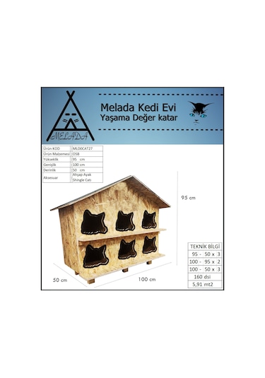 Melada Kedi Evi Dış Ortam Uygun Ahşap Kedi Evi Osb 100x95x50 Cm