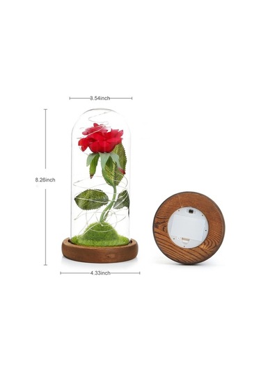 Ulzyvf Led Işıklı Ahşap Tablalı Dekoratif Cam Kubbeli Suni Gül - Romantik Hediye