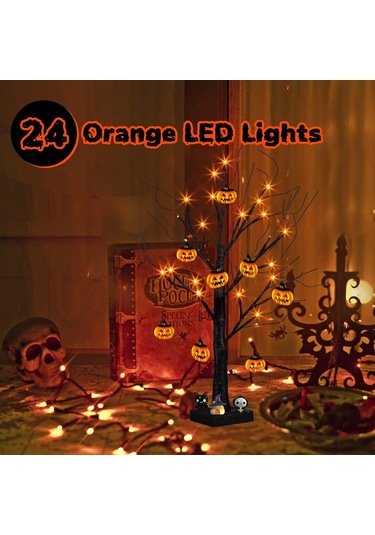 Cadılar Bayramı Ev Dekorasyonu, 24 Turuncu Işık Ve 8 Balkabağı Süsüyle 2 Ft Cadılar Bayramı Ağacı, Işıklı Cadılar Bayramı Süslemeleri Siyah Ağaç Çok Renkli