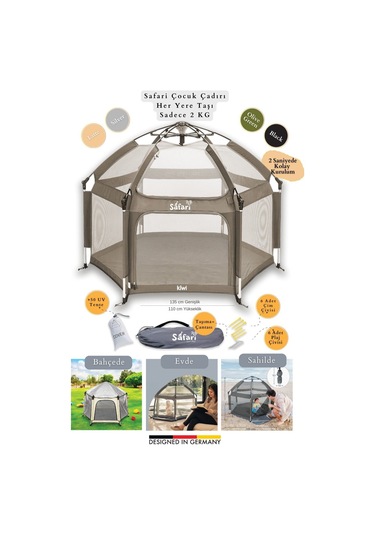 Kiwi Safari Çocuk-bebek Oyun Parkı Çadırı +50 Uv Korumalı,kolay Kurulum,alüminyum Sağlam Gövde - Latte