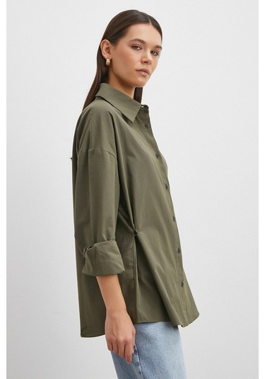 Düğme Detaylı Pamuklu Gömlek Haki Haki