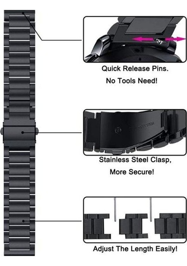 Springsun Huawei Watch Gt2 46mm, Honor Magic Watch 2/1 46mm Uyumlu 22mm Paslanmaz Çelik Üç Pırlanta Kordon - Orta Gümüş, Kenar Siyah