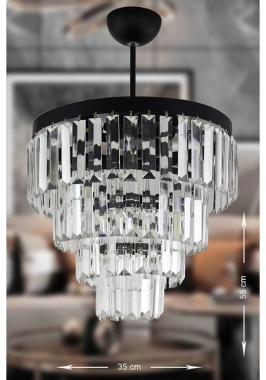 Linsa 35 Cm'lik Kristal Cam Taşlı Lüks Avize - Mat Siyah Siyah