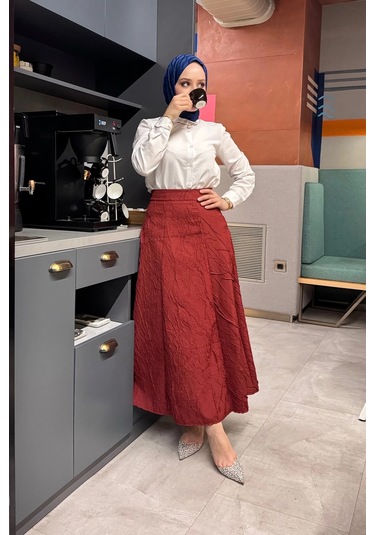 Etk005 Yandan Fermuarlı Kraşlı Kloş Etek Bordo