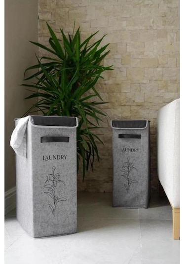 Flosoft Deri Detaylı Kapaklı Keçe Çamaşır Sepeti, Çok Amaçlı Çamaşır Oyuncak Saklama Kutusu Gri