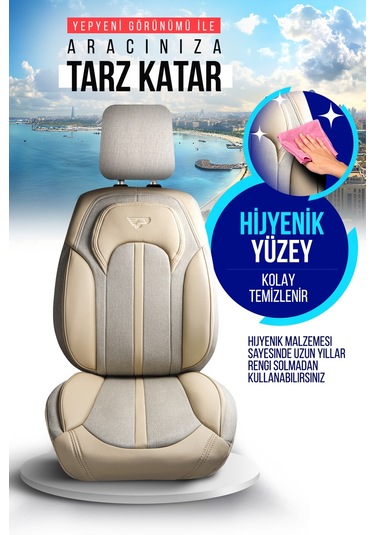 Bej - Bej Panda Sevılla Serısı Keten Kumaş Oto Koltuk Kılıfı - Tam Set