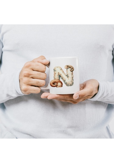 N Harfi Tasarım Bardak, Sevimli Hayvan Temalı Harf Bardağı Beyaz