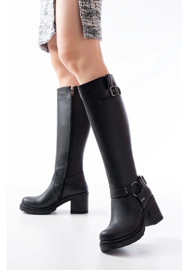 Siyah Toka Aksesuarlı Fermuarlı Günlük Kalın Topuklu Kadın Bot Siyah