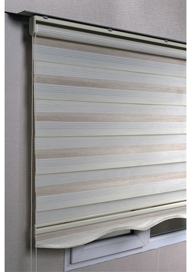  Etekli Premium Çift Renk Krem - Beyaz Ev Ofis Zebra Stor Perdeler Krem Beyaz