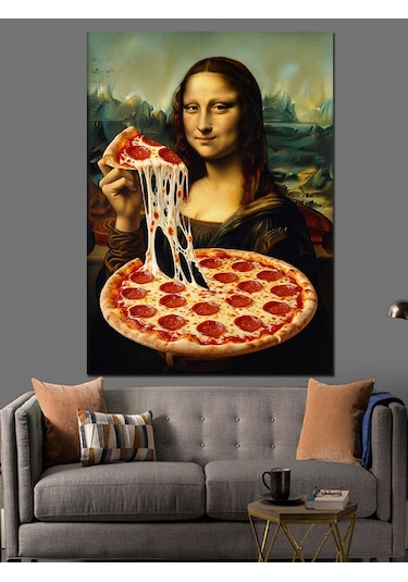 Pizza Yiyen Mona Lisa Portresi Dekoratif Kanvas - Mdf Ahşap Tablo