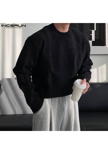 Incerun Erkek Sonbahar Kalın Yünlü Örme Kazaklar Düz Renk Yüksek Alçak Kazaklar Mor