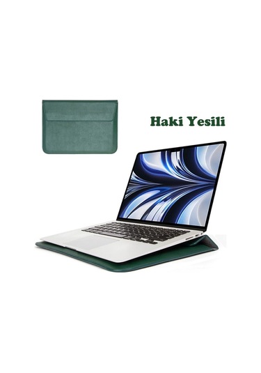 Macbook Pro 14 İnç M3 A2992 A2918 Uyumlu Deri Mıknatıslı Çanta Stantlı Şık Tasarım Haki