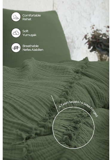 %100 Pamuk Çift Kişilik Müslin Yatak Örtüsü 4 Katlı Yumuşak Battaniye Müslin Pike Takımı 3 Parça Yeşil Yeşil