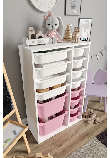 %100 Mdf - Large Duo 14 Sepetli Oyuncak Dolabı Pembe