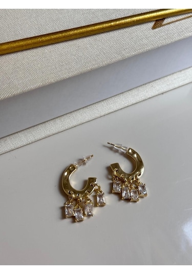 Altın Kaplama Baget Taşlı Sallantılı Halka Çelik Küpe Altın