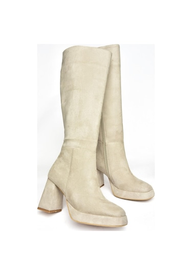 Fox Shoes R282230102 Bej Süet Kalın Topuklu Kadın Çizme Bej