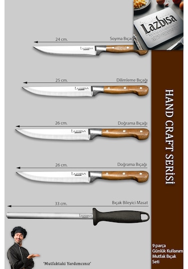 Hand Craft Mutfak Bıçak Seti Et Sebze Bıçağı Masat 9 Lu Mft-257 Ahşap