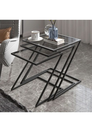 Misto Z Şekil Camlı Üçlü Zigon Sehpa Siyah