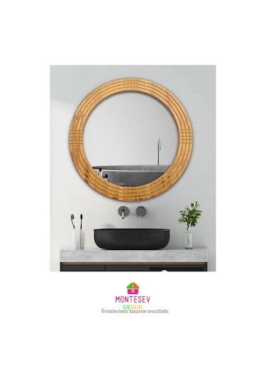 Safir Ahşap Dekoratif Ayna Yuvarlak Ayna Işlemeli Ahşap Duvar Aynası - 69 Cm Ceviz