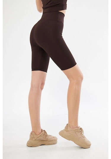 Lesa Wear Yüksek Bel Likralı Toparlayıcı Kısa Şort Tayt Kahverengi