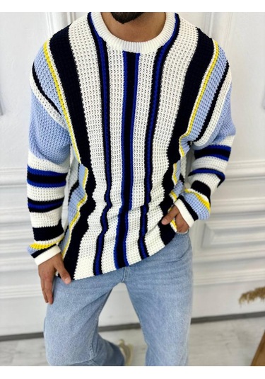 Kazak Oversize Renkli Örgü Desenli Naturel Pamuk Bol Kesim Salaş Triko Kazak Mavi