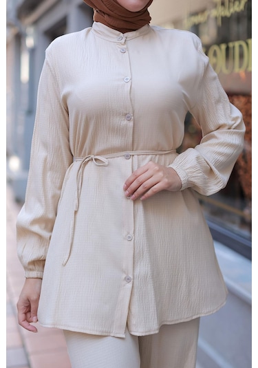 Hakim Yaka Detaylı Tesettür Bej Takım Bej