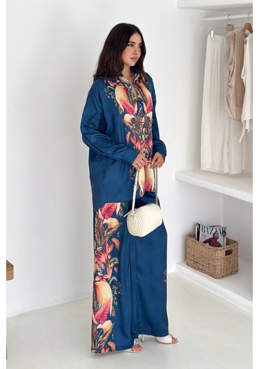 Saten Kumaş Desenli Takım Lacivert Lacivert