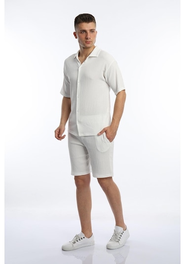 Polo State Erkek Crinkle Kumaş Gömlek - Şort Takım - Beyaz