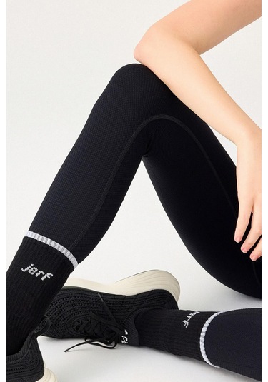 Jerf Holly Petek Desenli Yüksek Bel Tayt Siyah 001