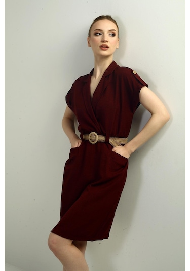 Kadın Torba Cepli Beli Kemerli Elbise-40676 Bordo