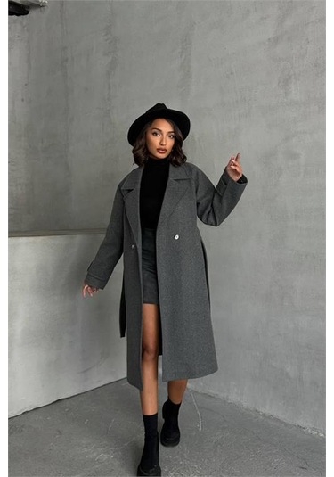 Neşeli Butik Kadın Astarlı Antrasit İthal Kaşe Kaban Nbg048 Antrasit