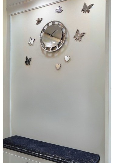 Dekoratif Kelebekli Duvar Saati - Gümüş