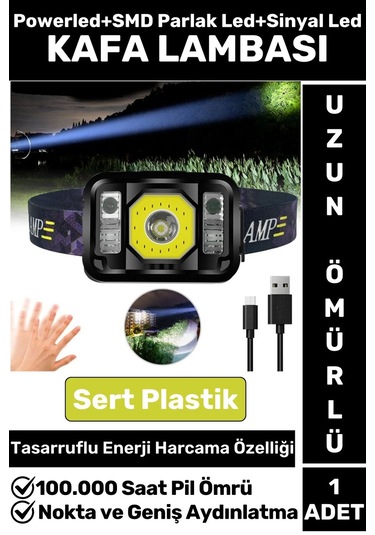 Profesyonel Kamp Avcı Balıkçı Deprem Güçlü Işık Sinyal Led Şarjlı Powerled Kafa Lambası Çok Renkli