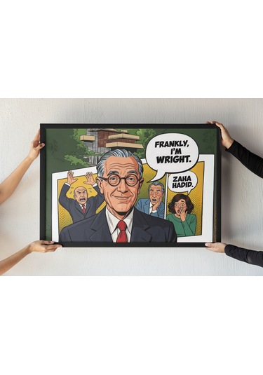 Frank Lloyd Wright & Zaha Hadid Çerçeveli Tablo Çizgi Roman Tarzı Mimarlık Mizahı 30x42 Cm