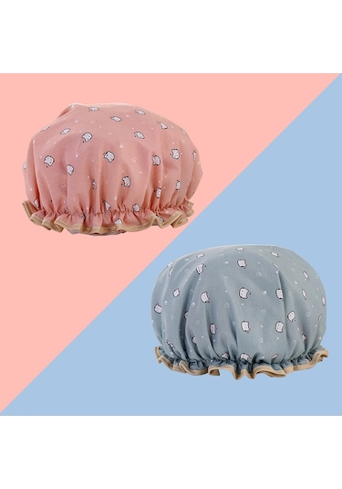 Duş Başlığı Şapka Çift Katmanlı Ev Banyo Aksesuarları Elastik Yeniden Kullanılabilir Banyo Yetişkin Sevimli Kedi Baskılı Karikatür Mavi