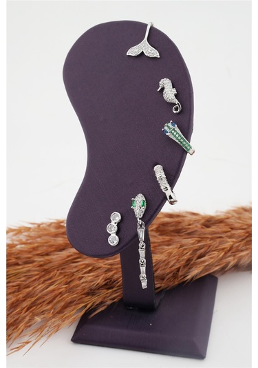 Kadın Kararmaz Altın Kaplama Yılan Detaylı 6'Lı Zirkon Set Küpe Gümüş-M Altın