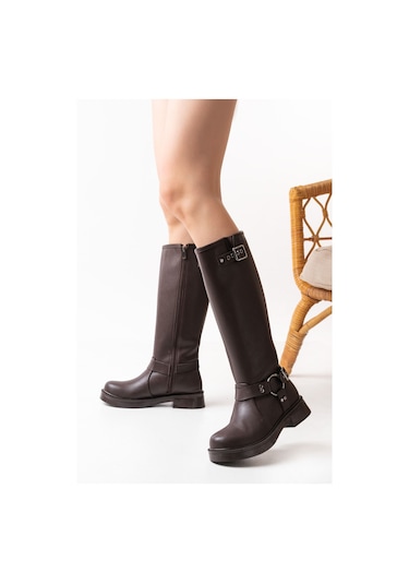 02-312 Kahverengi Toka Aksesuarlı Fermuarlı Günlük Kadın Çizme Resimdeki Renk