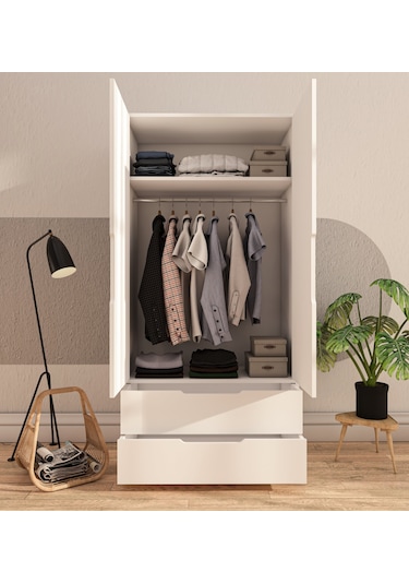 Flora 2 Kapaklı 2 Çekmeceli Gardırop Beyaz Elbise Dolabı