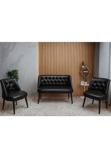 Milano 3 Lü Deri Oturma Grubu 2 Berjer + 1 İkili Koltuk Ofis & Ev Kullanımı Siyah Siyah