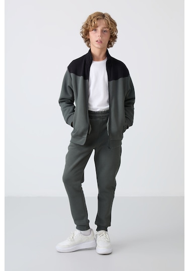 Tommy Life Haki Pamuklu Kalın İçi Tüylü Yumuşak Dokulu Standart Fit Nakışlı Erkek Çocuk Eşofman Takım - 11240 Haki