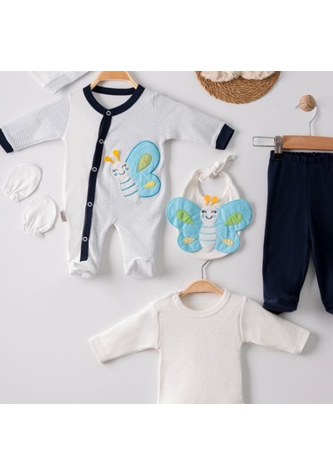 3 Ay Kelebek Nakışlı Tulumlu Erkek Bebek 5'li Set Siyah Siyah