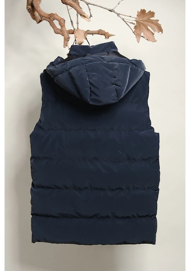 Kapüşonlu Erkek Çocuk Nova Kumaş Şişme Yelek Lacivert