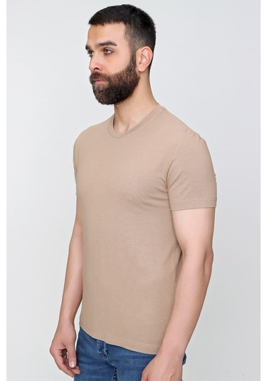 Slim Fit Bisiklet Yaka Düz Pamuklu Bej Tişört Ts 823 Bej