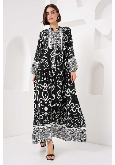 Gabria Ön Düğmeli Desenli Viskon Elbise Siyah - Ekru