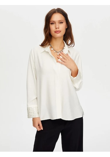 Faik Sönmez Kolları Boncuk Payet İşli Şık Kadın Gömlek W26gml011 Ekru