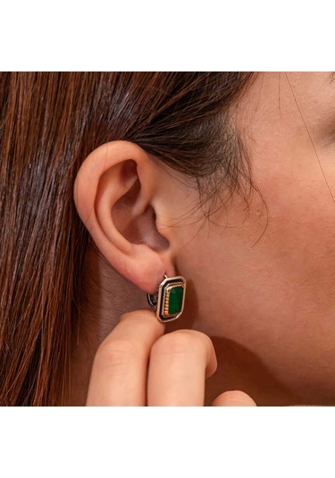 Gümüş Yeşil Taşlı Otantik Kadın Küpe Gümüş