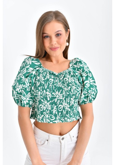 Kadın Çiçek Desenli Gipe Detay Balon Kol Crop Bluz Yeşil