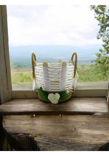 Hasır Makyaj Organizer Sepet Takı Kutusu El Yapımı Komodin Banyo Düzenleyici Beyaz