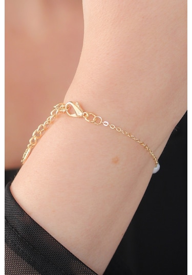 İnci Boncuk Model Kadın Bileklik Gold Renk Çok Renkli