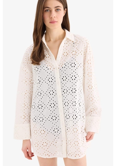 Defacto Regular Fit Pamuklu Brode Plaj Gömleği-fall İn Love C0506ax25smwt16 Beyaz